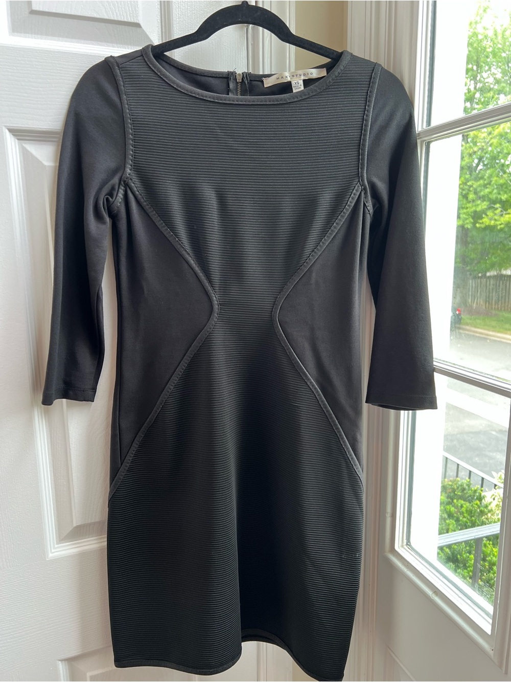MAX STUDIO Black Mixed Media Ribbed Bodycon Dress XS 3/4 Sleeve